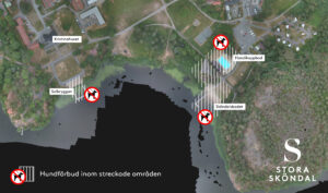 Förbjudet att ha hunden på solbryggorna, vid handikappbadet eller vid utegymmet och badplatsen. I övriga delar av Stora Sköndal får hunden vara.