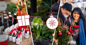 Varor och besökare på julmarknad