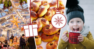 Julmarknad i växthus, lussebullar och glatt barn som dricker varm choklad