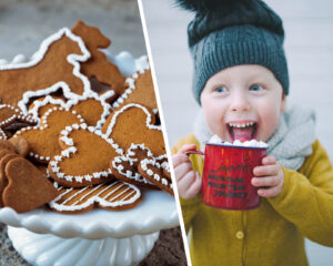 Fat med pepparkakor och en glad pojke med en kopp varm choklad i händerna.